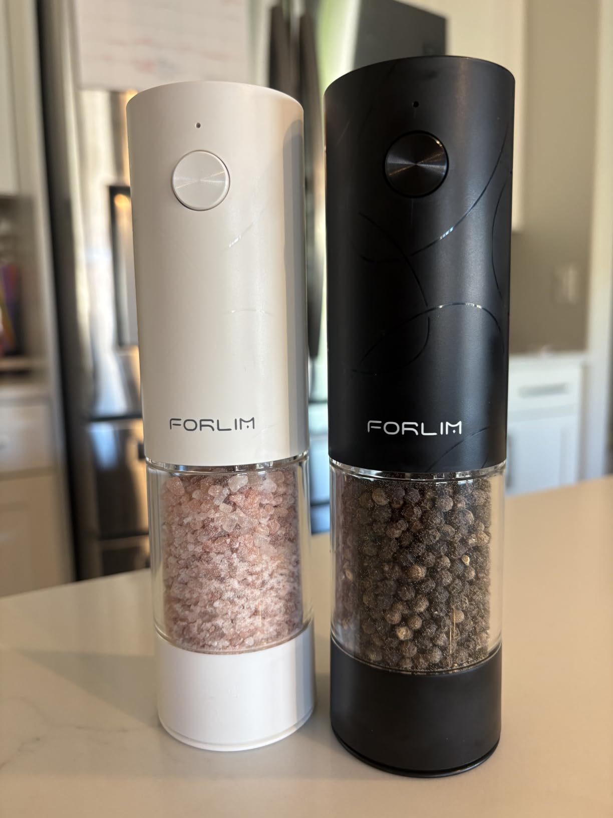 FORLIM Electric Salt & Pepper Grinder Set, Rechargeable 2 Pack, Dual Black | One-Hand Control for Home Cooks, BBQ, Meal Prep and Dining; 3.38 oz Removable Clear Cups, White LED, 7 Settings, Ceramic Core customer photo 1