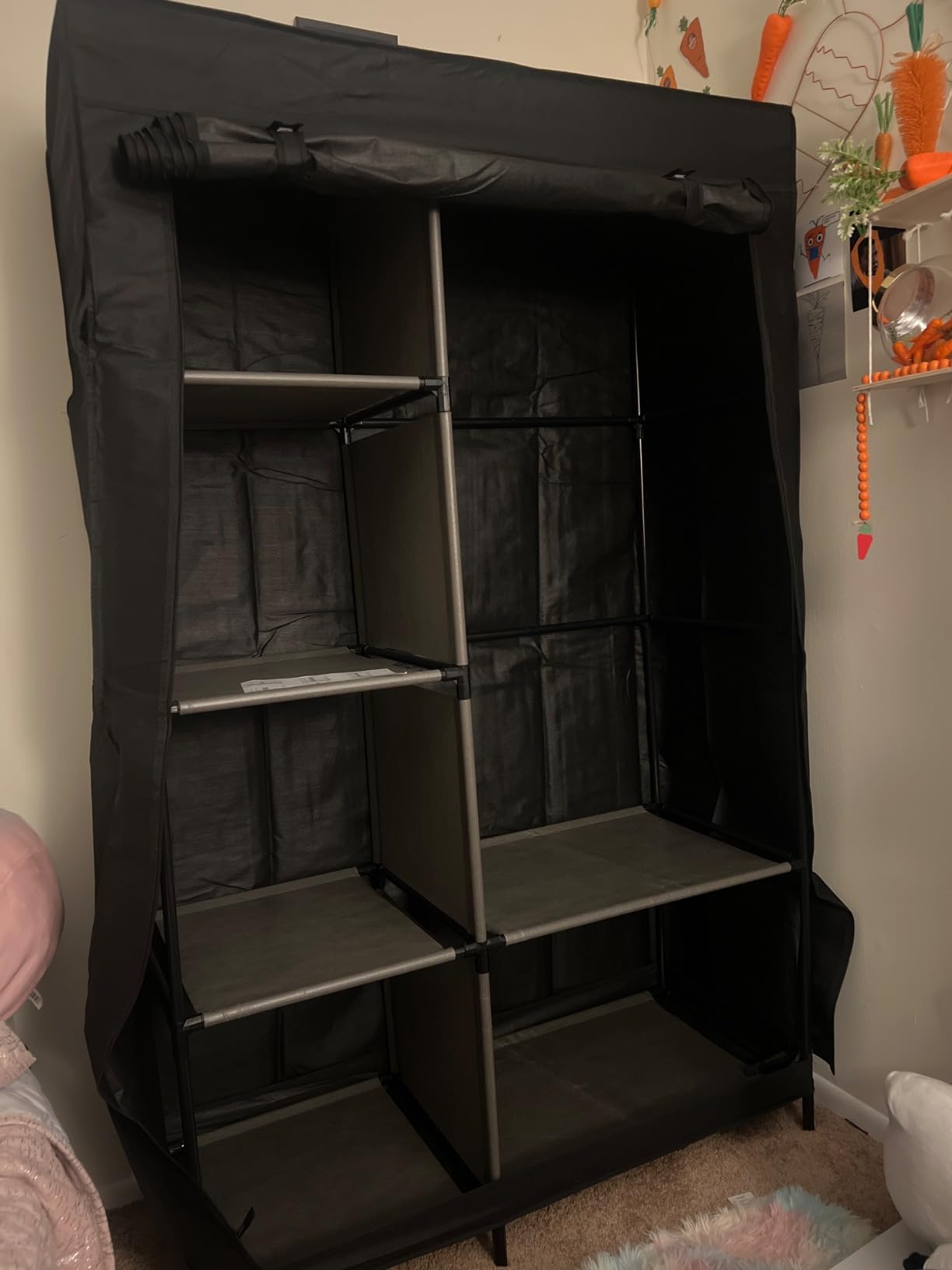 Calmootey Portable Closet Organizer, Space-Saving Storage System for Home | Sturdy Rod for Coats, 6 Shelves for Folded Clothes, 4 Side Pockets for Small Items, Non-Woven Dustproof Cover, Black customer photo 1