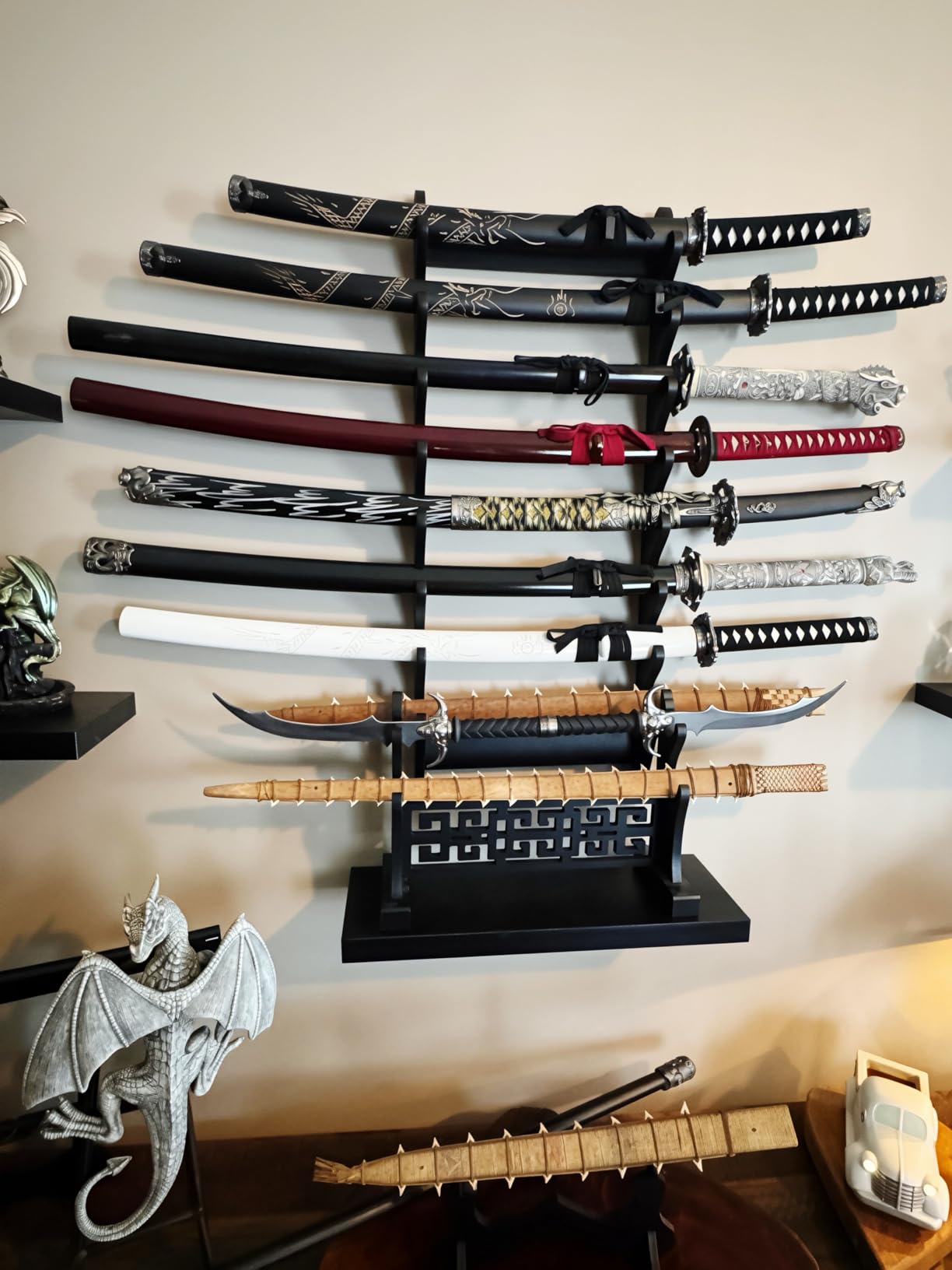 Sword Rack Wall Mount Holder, 8-Tier Wooden Stand | Display Hanger for Katana, Wakizashi Compatible, Flute Storage, Fishing Rod Storage customer photo 1