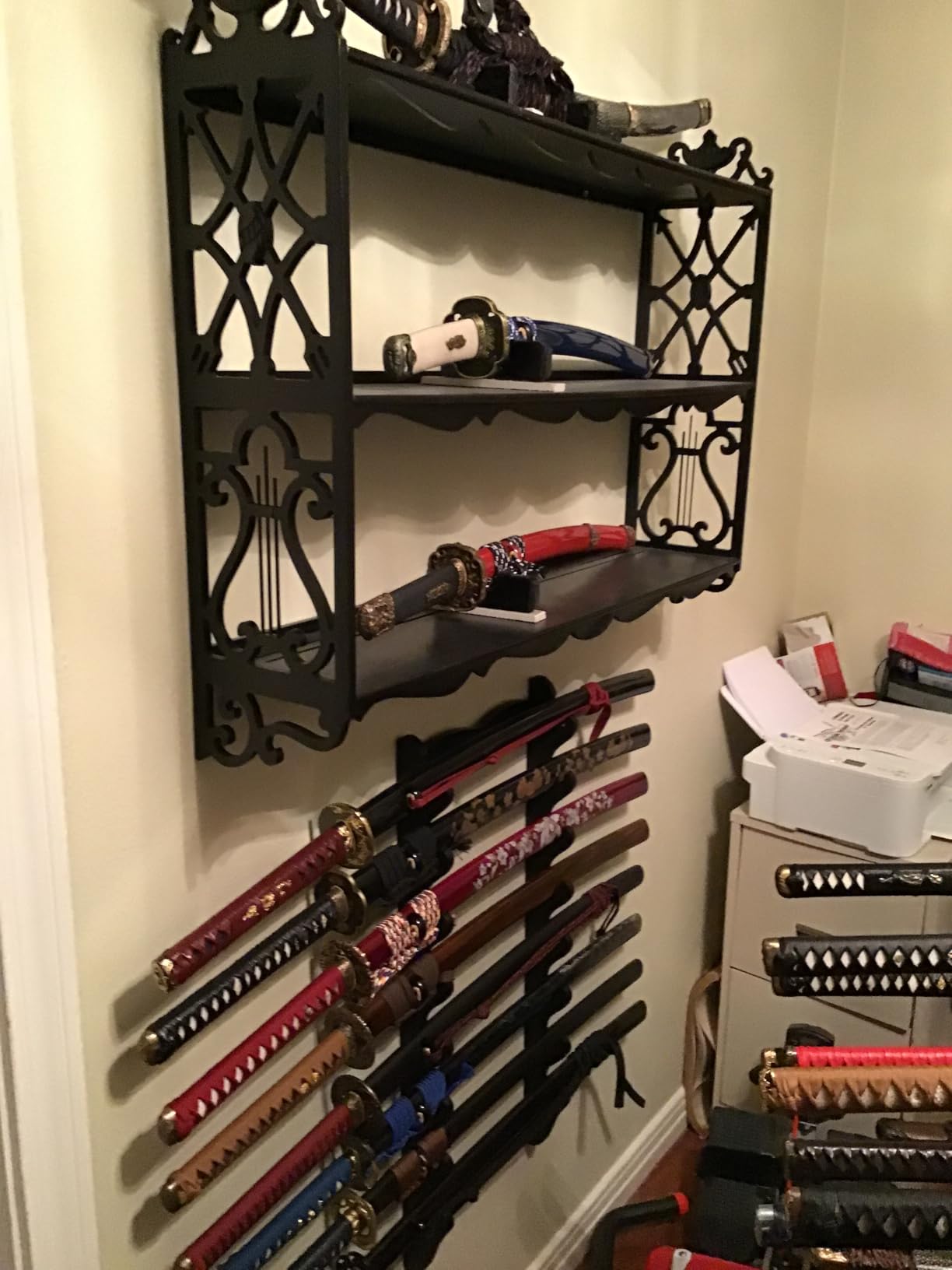 Sword Rack Wall Mount Holder, 8-Tier Wooden Stand | Display Hanger for Katana, Wakizashi Compatible, Flute Storage, Fishing Rod Storage customer photo 2