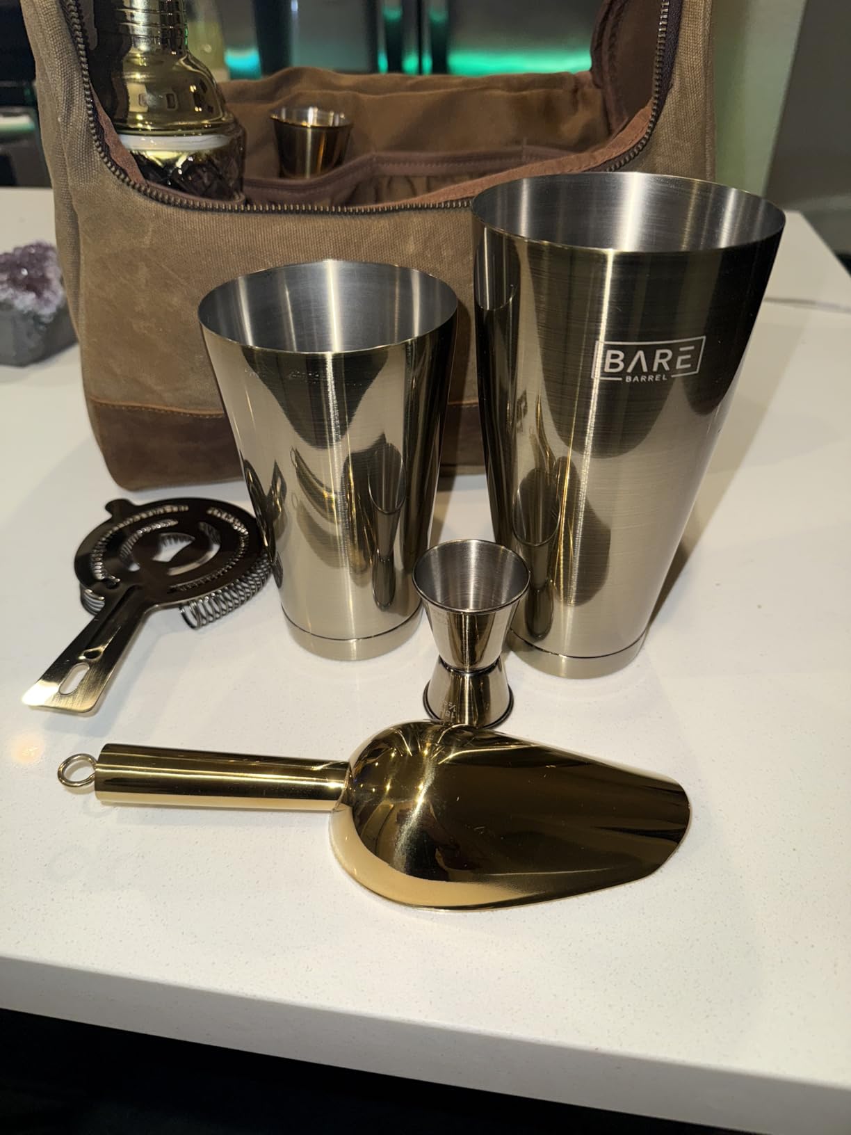 BARE BARREL Mixology Bartender Kit Bar Set | 14-Piece Cocktail Shaker Set | Martini Barware Mixing Tools for Home Bartending | 35 Recipe Cards | Gift Set (28oz Boston Shaker, Gold/Black) customer photo 1