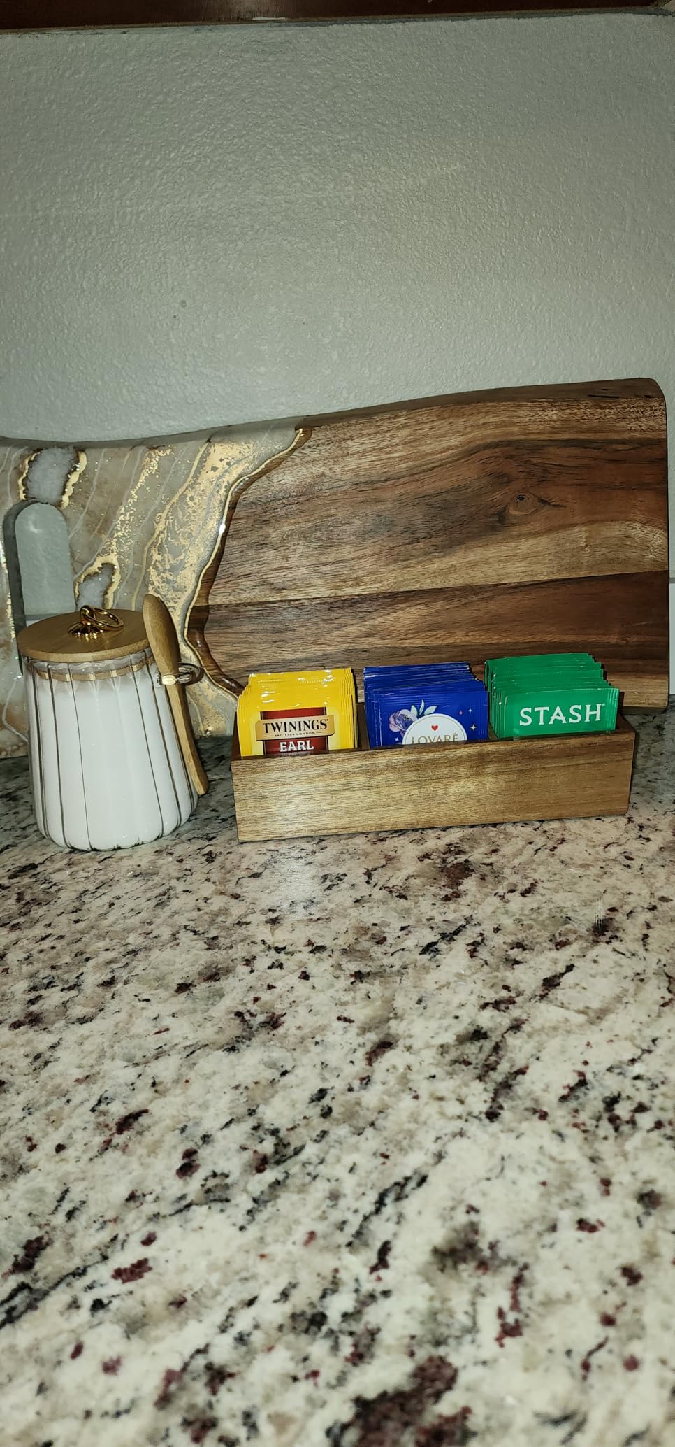 DRASTAR Tea Bag Organizer, Acacia Tea Bag Holder, Tea Storage Containers with 3 Slots, Wooden Tea Storage Accessories, Mini Tea Bag Caddy Box for Countertop customer photo 1
