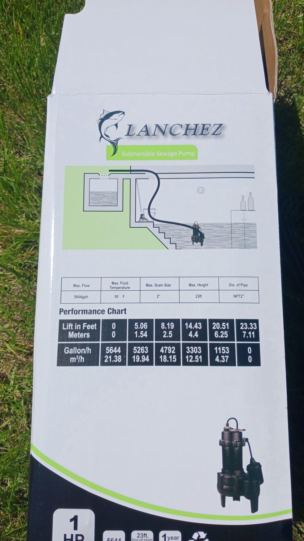 LANCHEZ 1HP 6600 GPH Submersible Sewage Pump, Heavy Duty Cast Iron Effluent Pump with Automatic Tethered Float Switch, Sump Pump for Sump Basin, Basement, Residential, 2