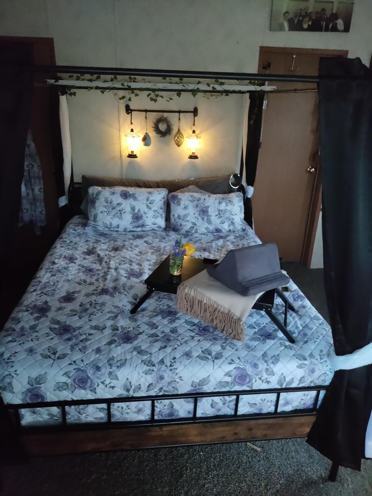 LIKIMIO Queen Canopy Bed Frame, Storage Headboard with Charging Station | Platform Bed with 4 Removable Sturdy Posts, Noise Free, No Box Spring Needed, Vintage Brown customer photo 2
