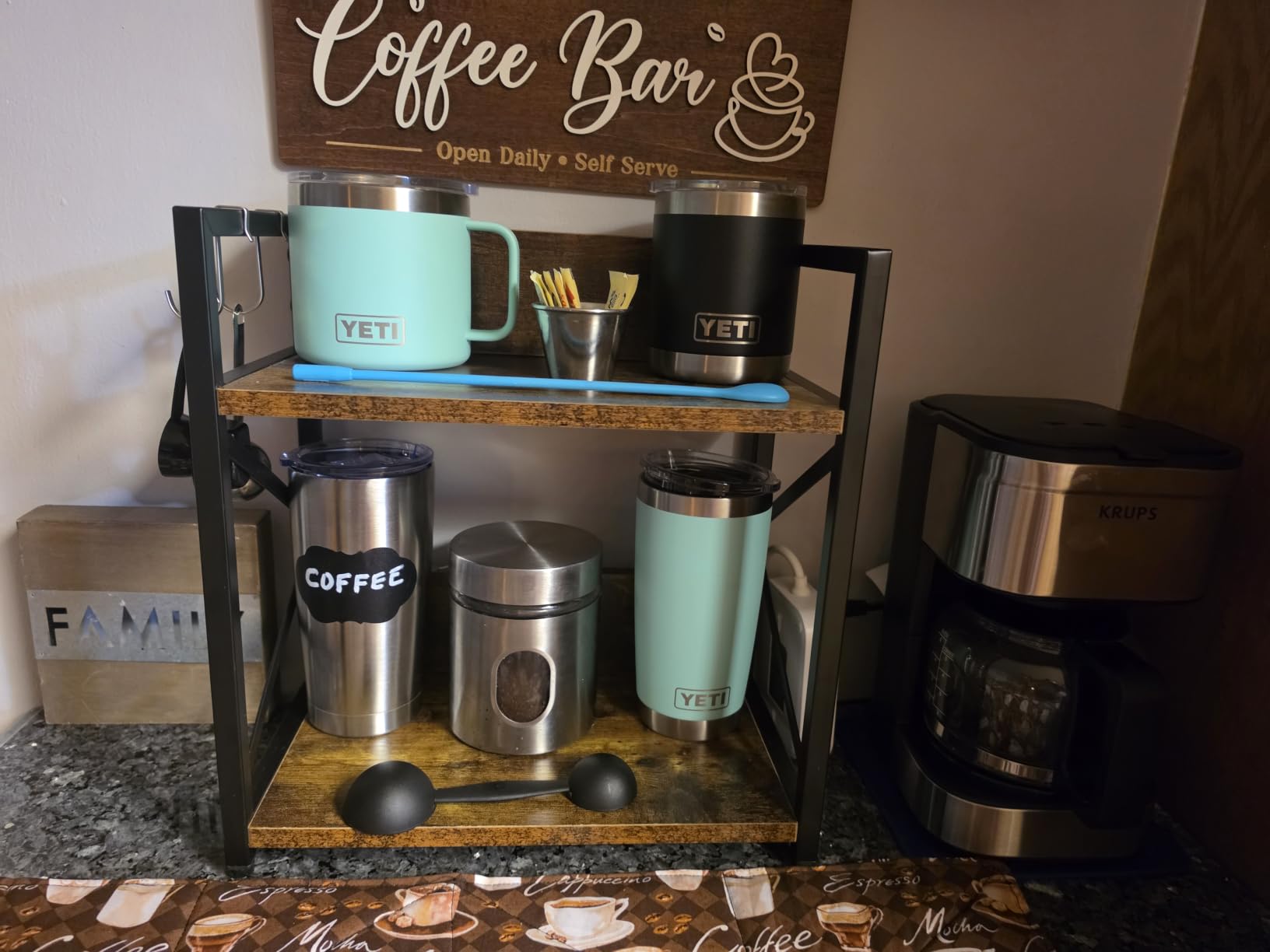 RUILALIFE 2 Tier Kitchen Counter Shelf Organizer, Coffee Bar Station Organizer for Countertop, Space Saving Spice Rack, Desk Shelf Riser, Coffee Bar Accessories (Rustic Brown, Medium) customer photo 1