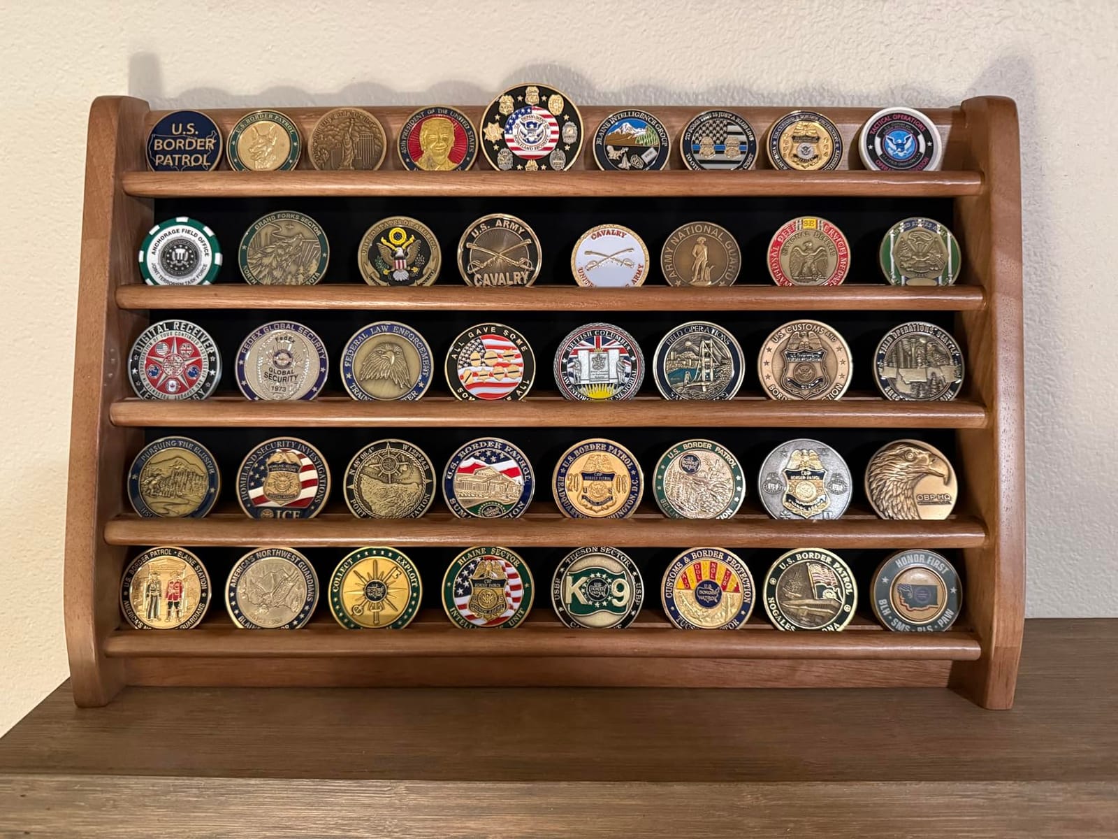ASmileIndeep 5 Rows Challenge Coin Holder Display Stand Holds 50 Coins for Wall Mount or Tabletop, Solid Wood Military Coin Rack Display Case for Collectibles, Walnut customer photo 2