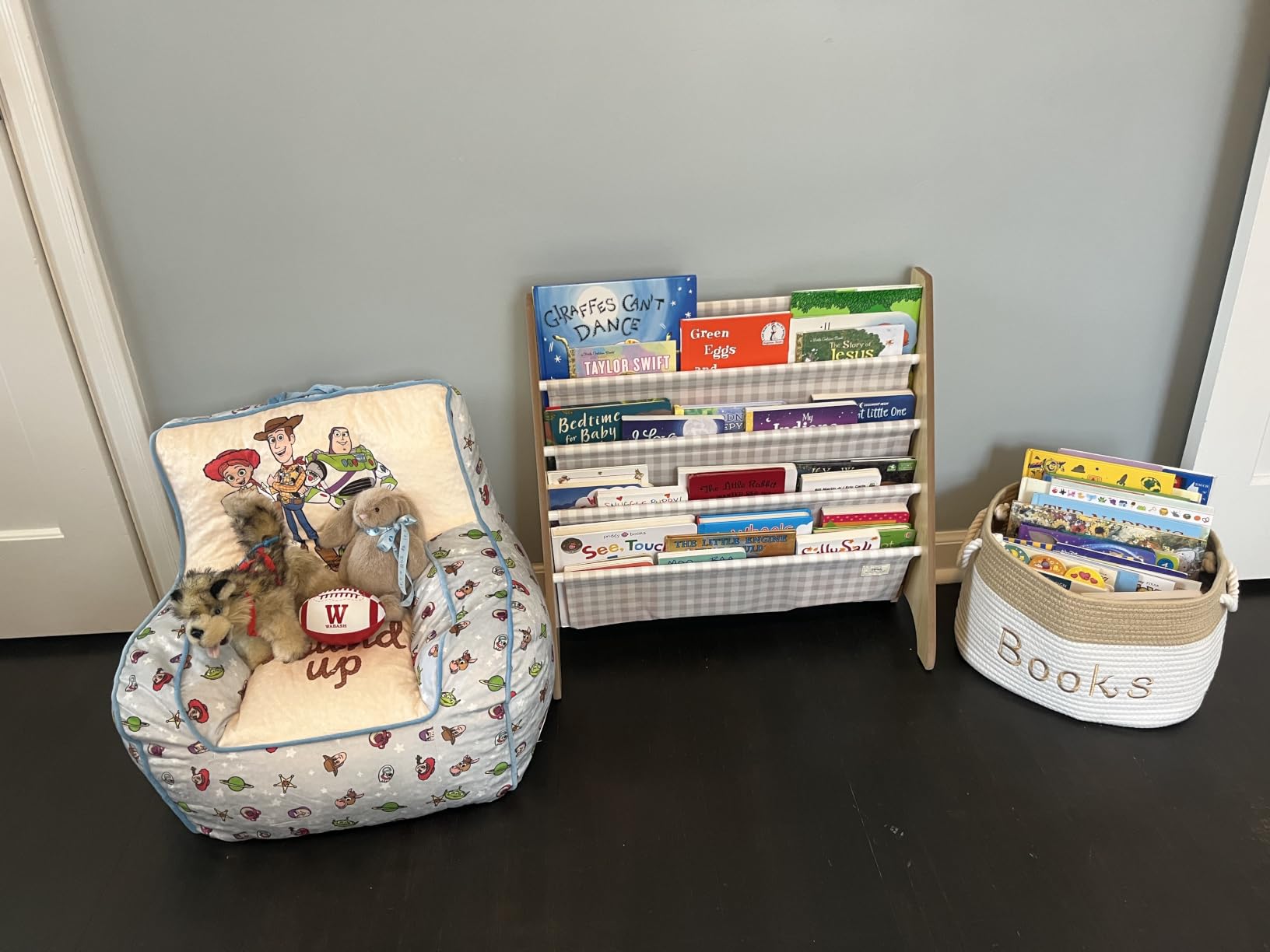 3 Sprouts Recycled Kids Bookshelf, Holds 35 Books, 4-Tier, Gingham Beige | Space-saving bookshelf, Children's room, Toddler bookcase organizer, Ages 3+, Book/toy storage, Front-facing, Covers visible customer photo 1
