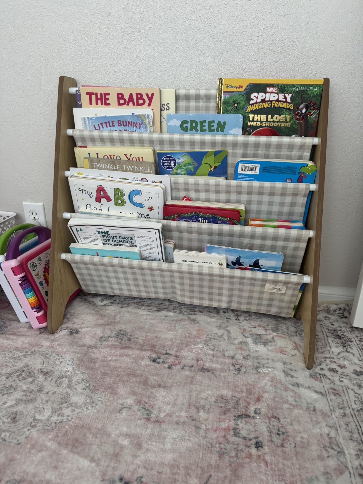 3 Sprouts Recycled Kids Bookshelf, Holds 35 Books, 4-Tier, Gingham Beige | Space-saving bookshelf, Children's room, Toddler bookcase organizer, Ages 3+, Book/toy storage, Front-facing, Covers visible customer photo 2