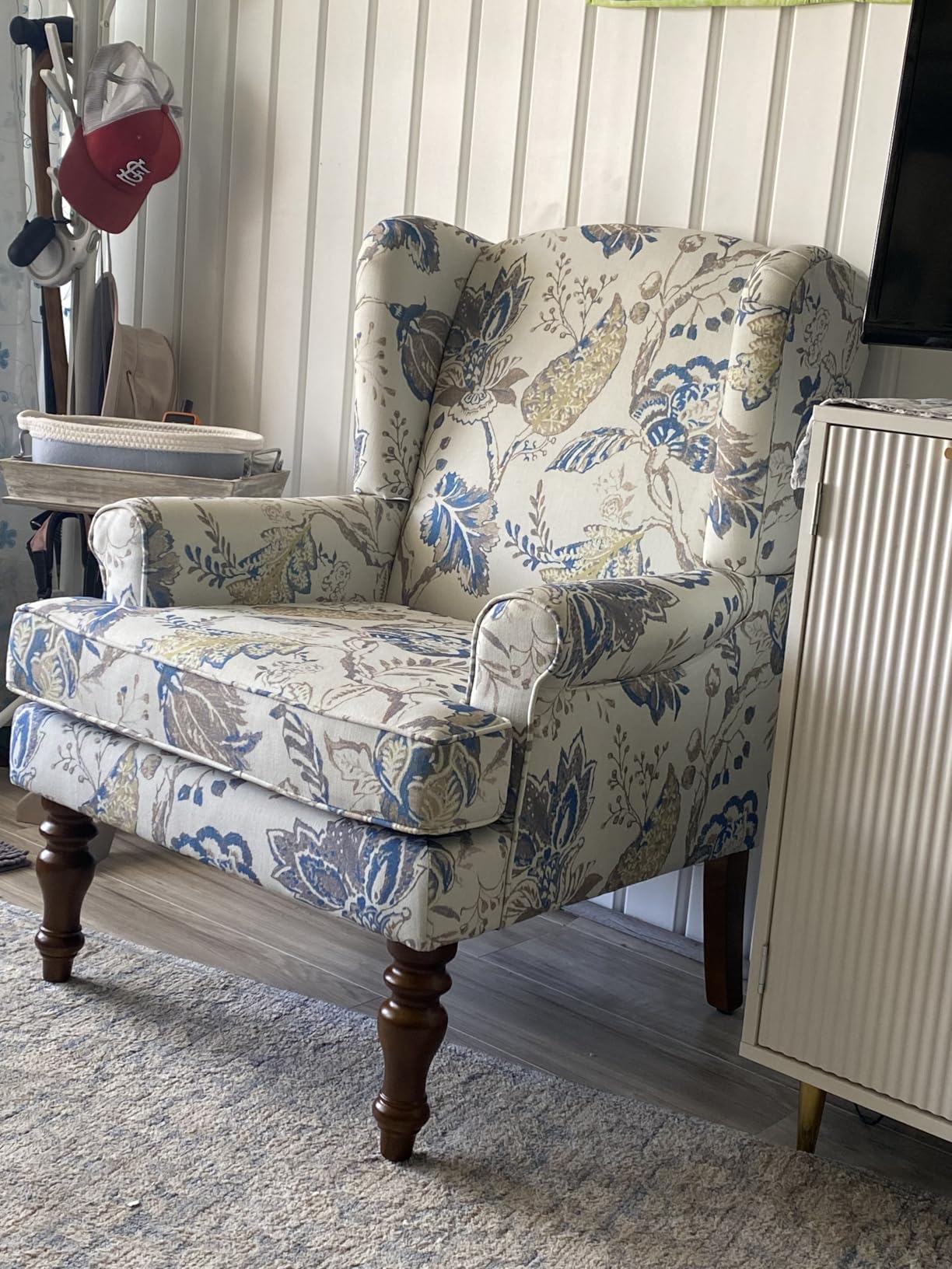 HUIMO Printed Wingback Accent Chair, Linen Upholstered High Back Armchair, Comfy Reading Chair for Living Room Bedroom Study, 300lbs Weight Capacity (1, Tan with Lines) customer photo 1