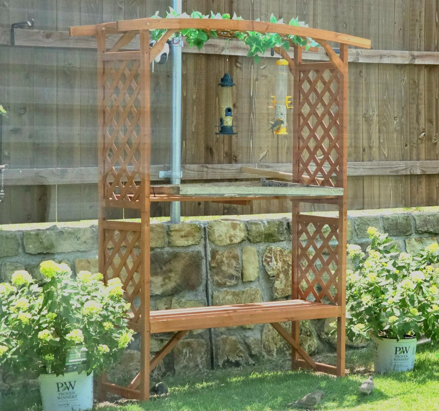 Outsunny Patio Garden Bench Arbor Arch with Pergola 2 Trellises Seat Brown | 3 Seat, Natural Wooden Outdoor Bench, for Grape Vines & Climbing Plants, Backyard Decor customer photo 1