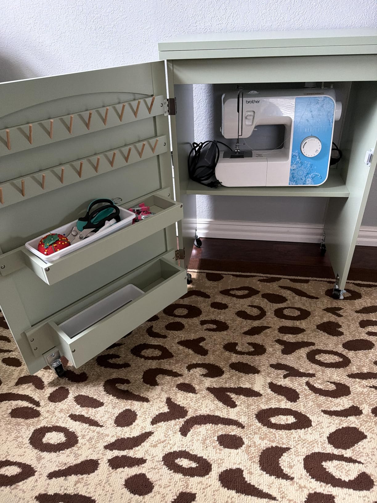 Best Choice Products Folding Sewing Table Multipurpose Craft Station & Side Desk with Compact Design, Wheels, Shelves, Storage Trays, Pegs, Magnetic Doors, Metal Doorknobs - Light Blue customer photo 2