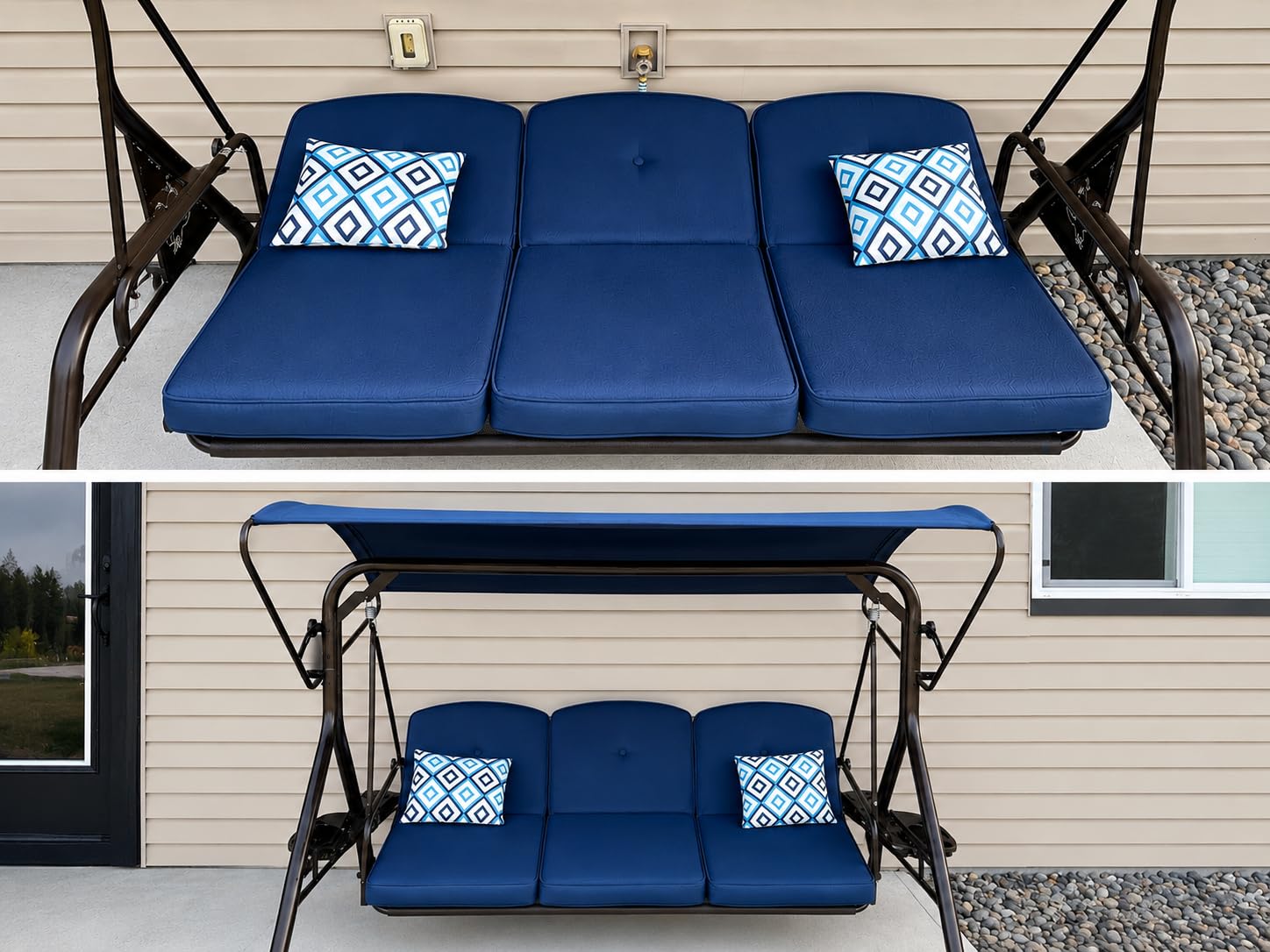 ZZW 800LBS Patio Swing with Canopy 3 Seat Outdoor Porch Swing with Stand w/Cup Holder & Pillow Glider Chair Swing Bed for Patio Backyard Poolside (Khaki) customer photo 2
