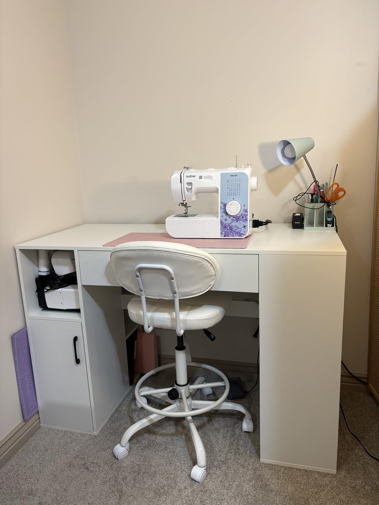 GIANTEX Craft Table with Storage, 53'' Artwork Sewing Table with 14 Cube Storage Shelves, Large Drawer, Cabinet with 2 Shelves, 36'' Counter Height Sewing Workstation White Drafting Writing Desk customer photo 1