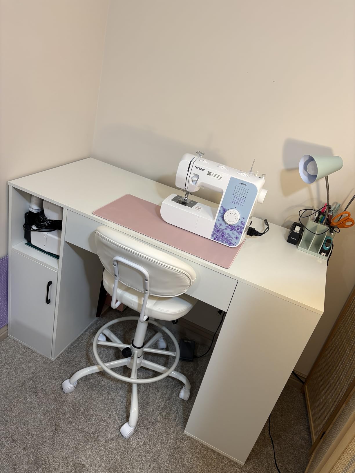 GIANTEX Craft Table with Storage, 53'' Artwork Sewing Table with 14 Cube Storage Shelves, Large Drawer, Cabinet with 2 Shelves, 36'' Counter Height Sewing Workstation White Drafting Writing Desk customer photo 2