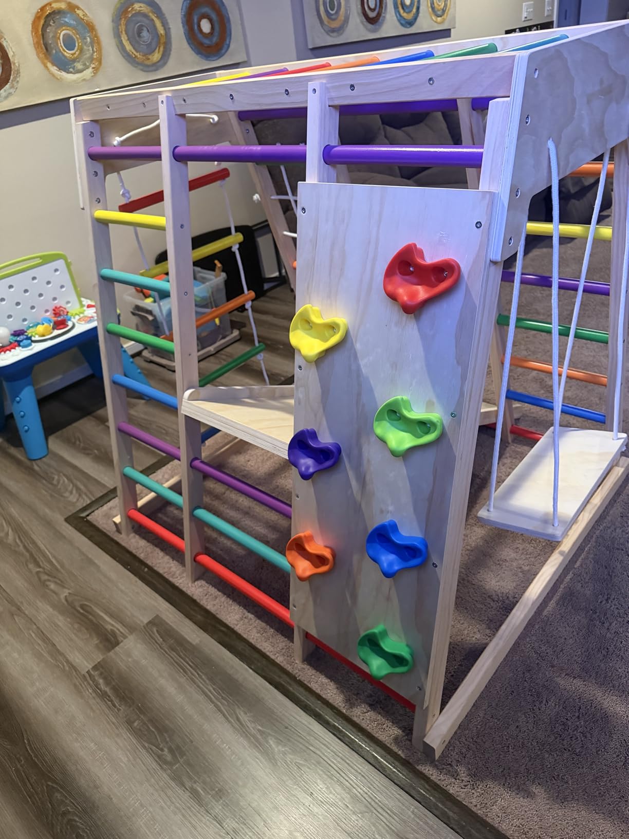 9-in-1 Pikler Jungle Gym Playset, Wooden Montessori Climber Kids | Pikler Playset with Slide, Rock Climb Wall, Monkey Bars, Rope Ladder, Climbing Rope and Swing for Kids (Rainbow) customer photo 1