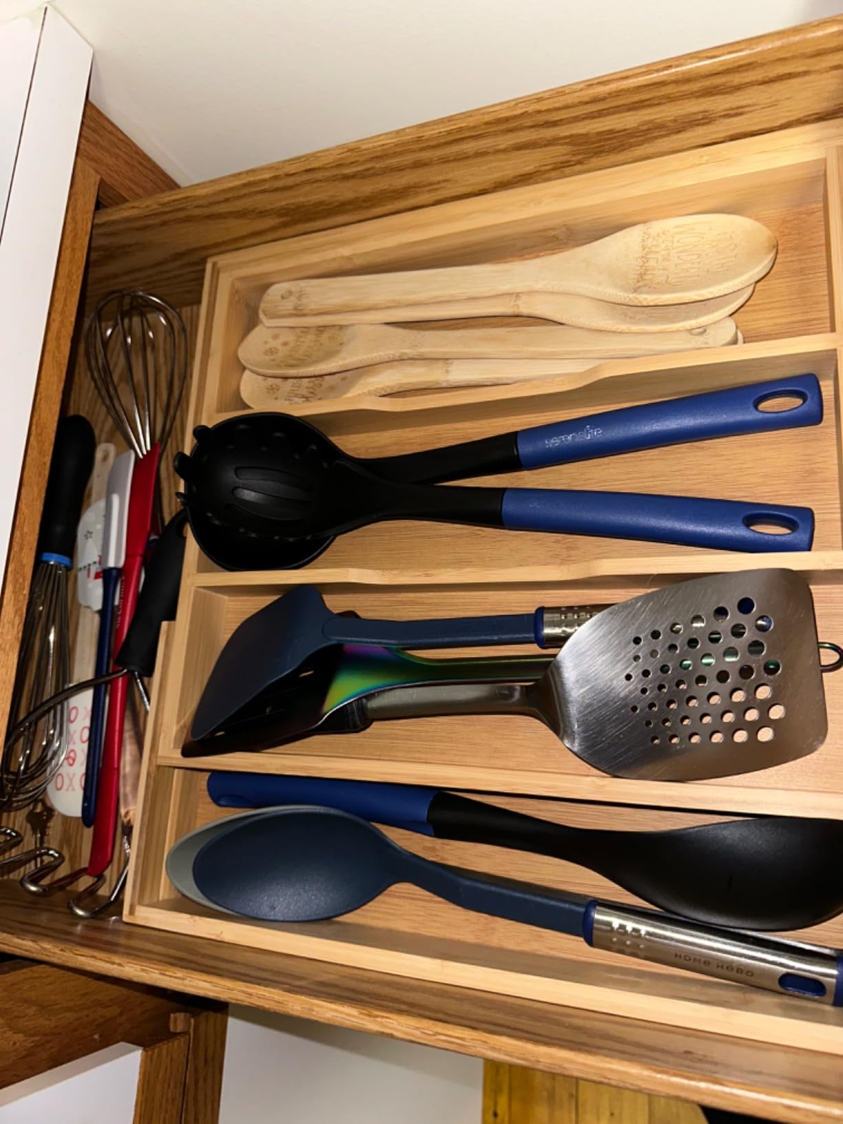 Lifewit Bamboo Utensil Organizer for Kitchen Drawer, Cooking Utensil Tray | Expandable Cutlery Silverware Flatware Holder, Wood Adjustable Spatula Tools Storage Divider, 12.6-22.8 x 14