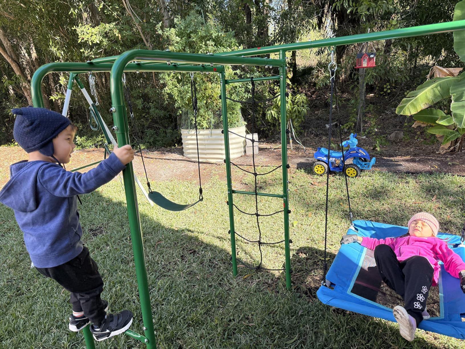 Swing Sets for Backyard with Monkey Bars, 5 in 1 Playground Set | Monkey Bars + Belt Swing + Platform Swing + Climbing Net + Trapeze Bar, ASTM Tested | CPSC Safety Compliant (White & Green) customer photo 1