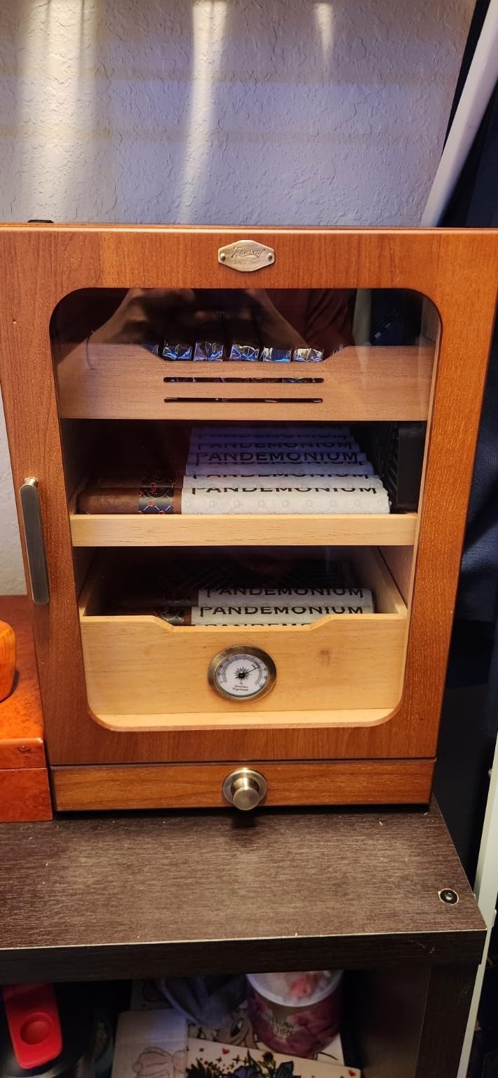 Cigar Humidor, Desktop Cigar Humidor Cabinet Light Control System with Spanish Cedar Wood Shelves, Hygrometer, 3 Humidifiers and Cigar Accessories Drawer, Father's Day Gift for Men (Brown) customer photo 1