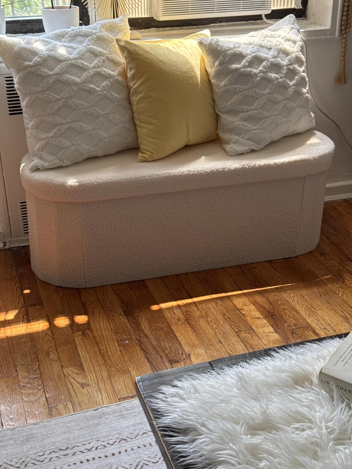 B FSOBEIIALEO Ottoman with Storage for Living Room, Sherpa Folding Storage Ottoman Foot Rest, 43.3 Inches Collapsible Bedroom Bench White Cream customer photo 1