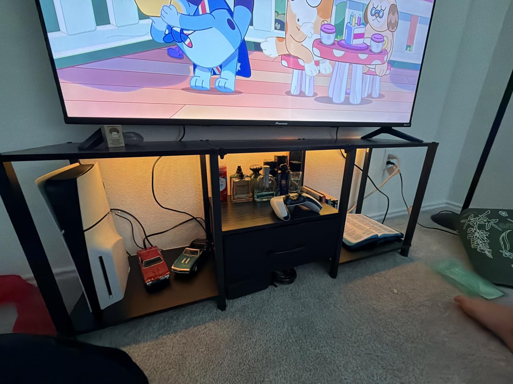 JARHETUN TV Stand with LED Lights, Entertainment Center with Open Shelves and Fabric Drawer, Media Console for 55 Inch TV, Television Stands for Living Room, Bedroom, Black customer photo 2