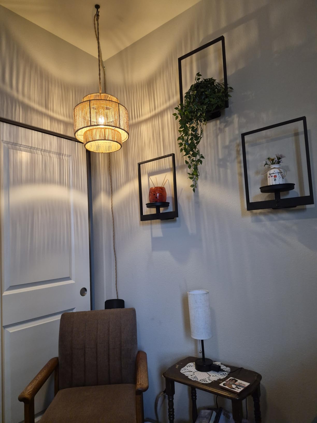 QIYIZM Plug in Pendant Light Hanging Lights with Plug in Cord Hanging Lamp Boho Rattan Dimmable Wicker Bamboo Woven Shade Hemp Rope Ceiling Light Fixture for Living Room Bedroom Kitchen customer photo 2