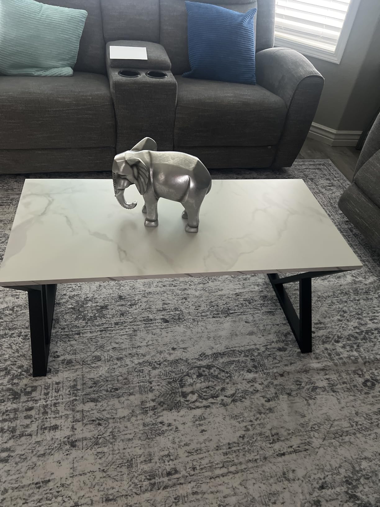 Wolawu Coffee Table White Living Room Center Table, Simple Modern Faux Marble Rectangular Tea Table with Sturdy Black Metal Frame, Industrial Wooden Coffee Table for Bedroom Home Office customer photo 2