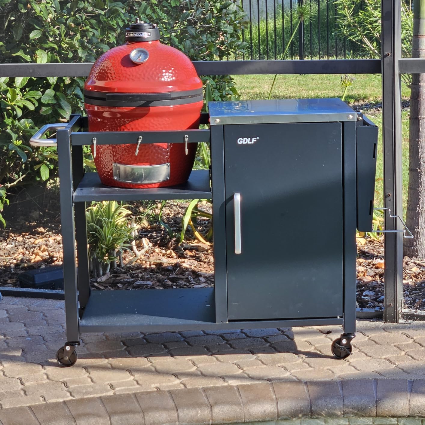 GDLF Outdoor Grill Table for Large Big Green Egg, Metal Grill Cart Station | Compatible With Large Big Green Egg, Kamado Joe Classic, Stainless Steel Prep Tops, Enclosed Storage Cabinet, Locking Wheels customer photo 2