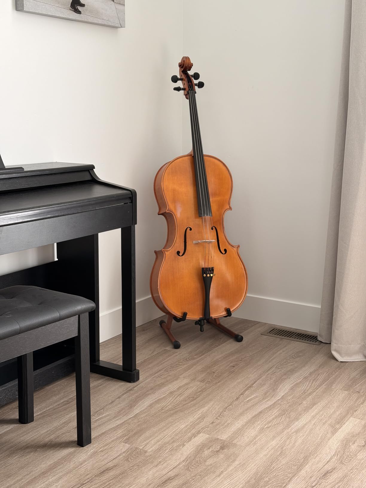 Cello Stand with Bow Holder, Mahogany Wood A-Shape Rack for Cello & Guitar, Fit 1/8-4/4 Full-Size Cello, Handcrafted, Floor Instrument Stand, Padded Foam, for Home Decor and Studio Display, Gift Choice customer photo 1