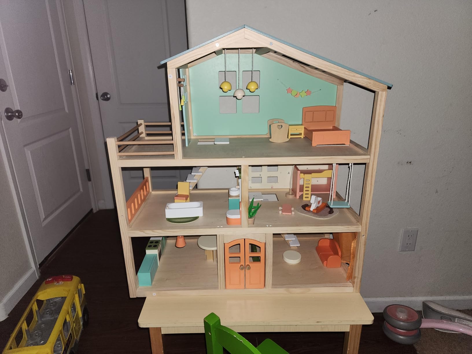 Giant bean Large Wooden Dollhouse with 32 Pcs Furniture Accessories | 3-Story Doll House 5 Rooms Balcony Wooden Stairs, Ideal Dollhouse Toy Christmas Gift for Kids Ages 3+, 30