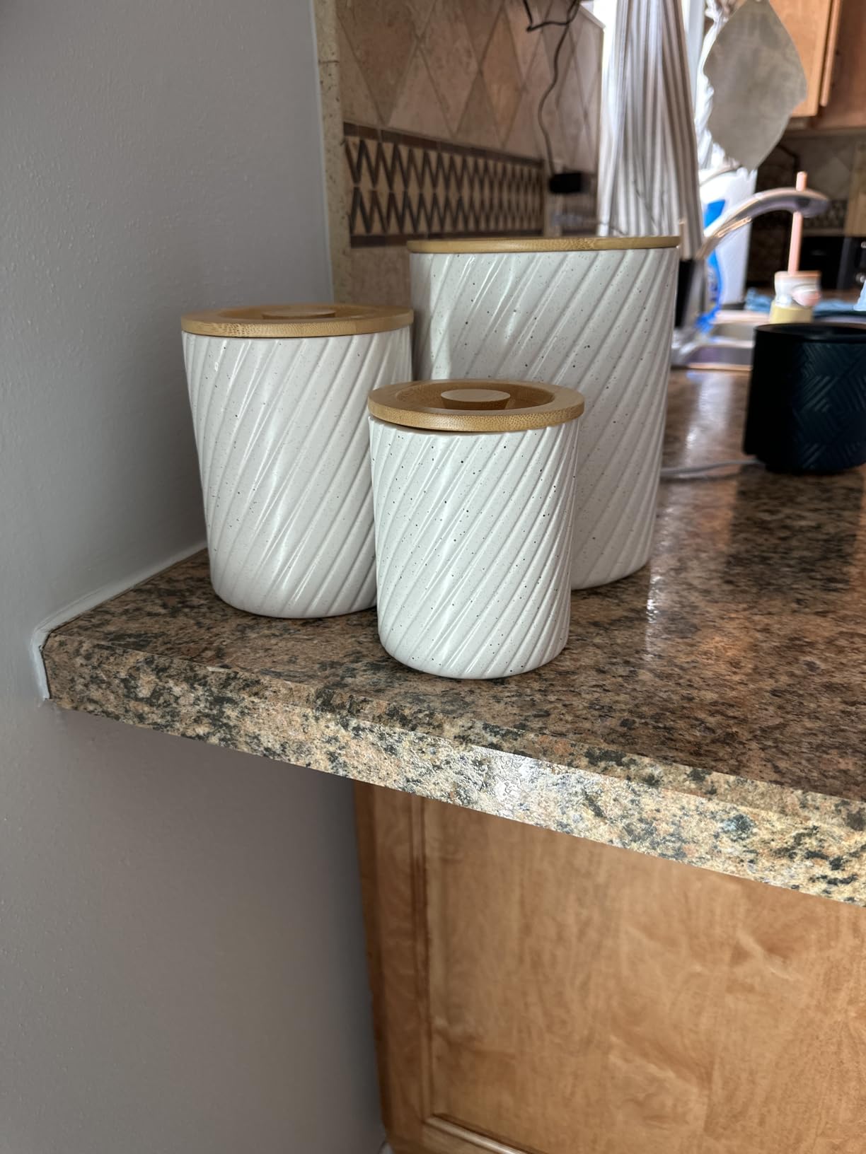 Flour Sugar Storage Containers - Ceramic Canister Set of 3 with Airtight Bamboo Lids for Kitchen Counter - 80, 40 & 20 oz, White customer photo 1