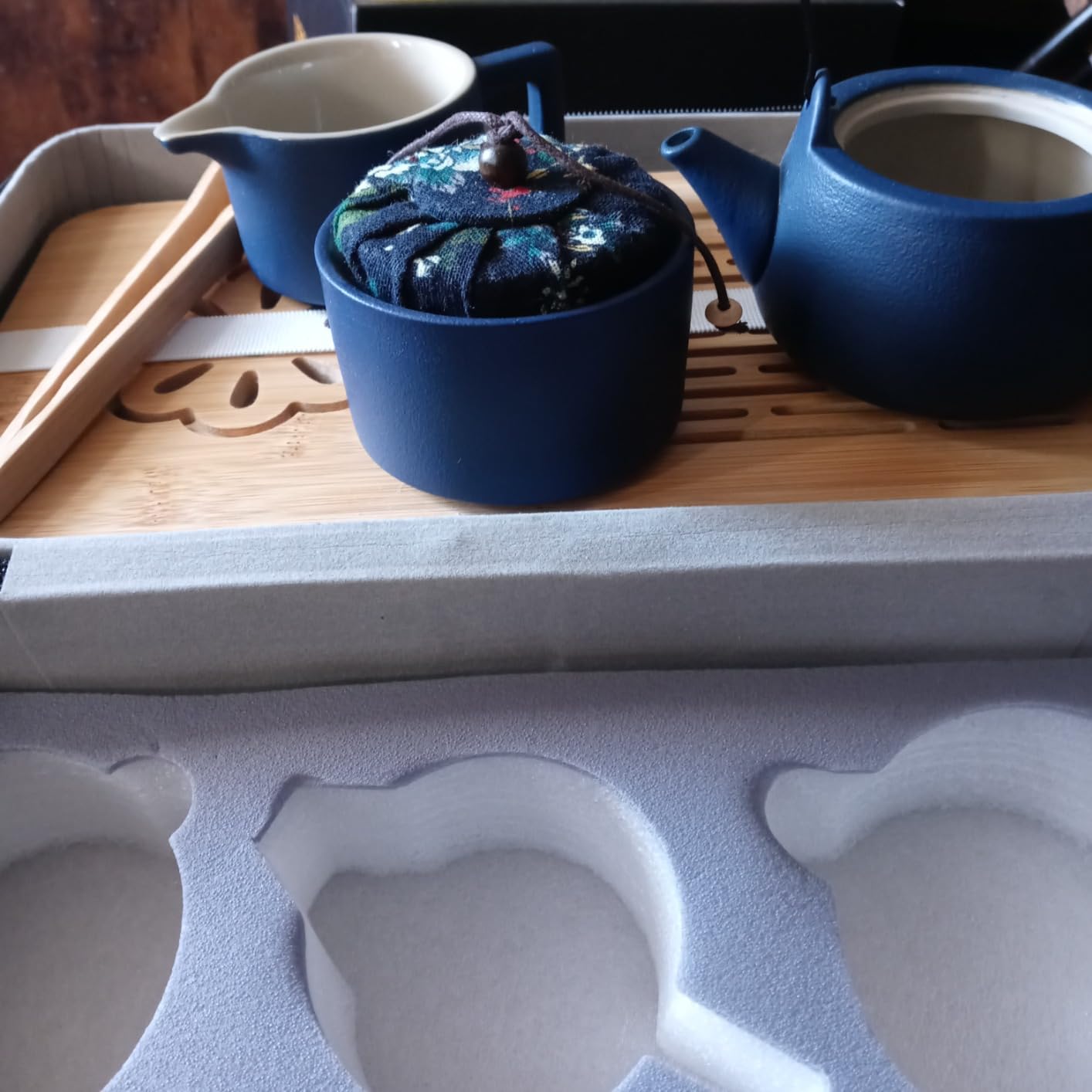 14-Piece Portable Ceramic Travel Tea Set - Chinese Kung Fu Tea Kit with Bamboo Tray & Leather Carry Bag (Blue) for Home/Office/Camping/Gifting customer photo 1