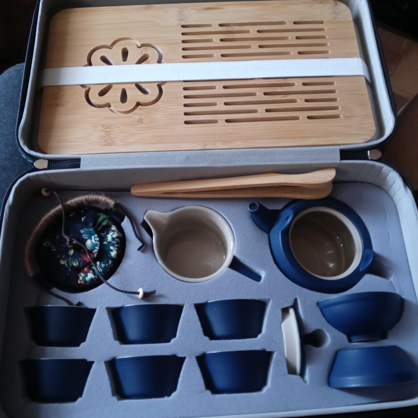 14-Piece Portable Ceramic Travel Tea Set - Chinese Kung Fu Tea Kit with Bamboo Tray & Leather Carry Bag (Blue) for Home/Office/Camping/Gifting customer photo 2