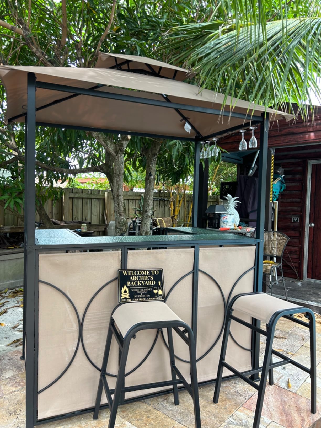 Tangkula 3-Piece Patio Bar Set, Grill Gazebo & 2 Bar Stools with Tempered Glass Bar Table, Metal Storage Shelves, Glass Holders, Double-Tier Soft Top Canopy BBQ Gazebo Shelter for Patio Garden (Brown) customer photo 1