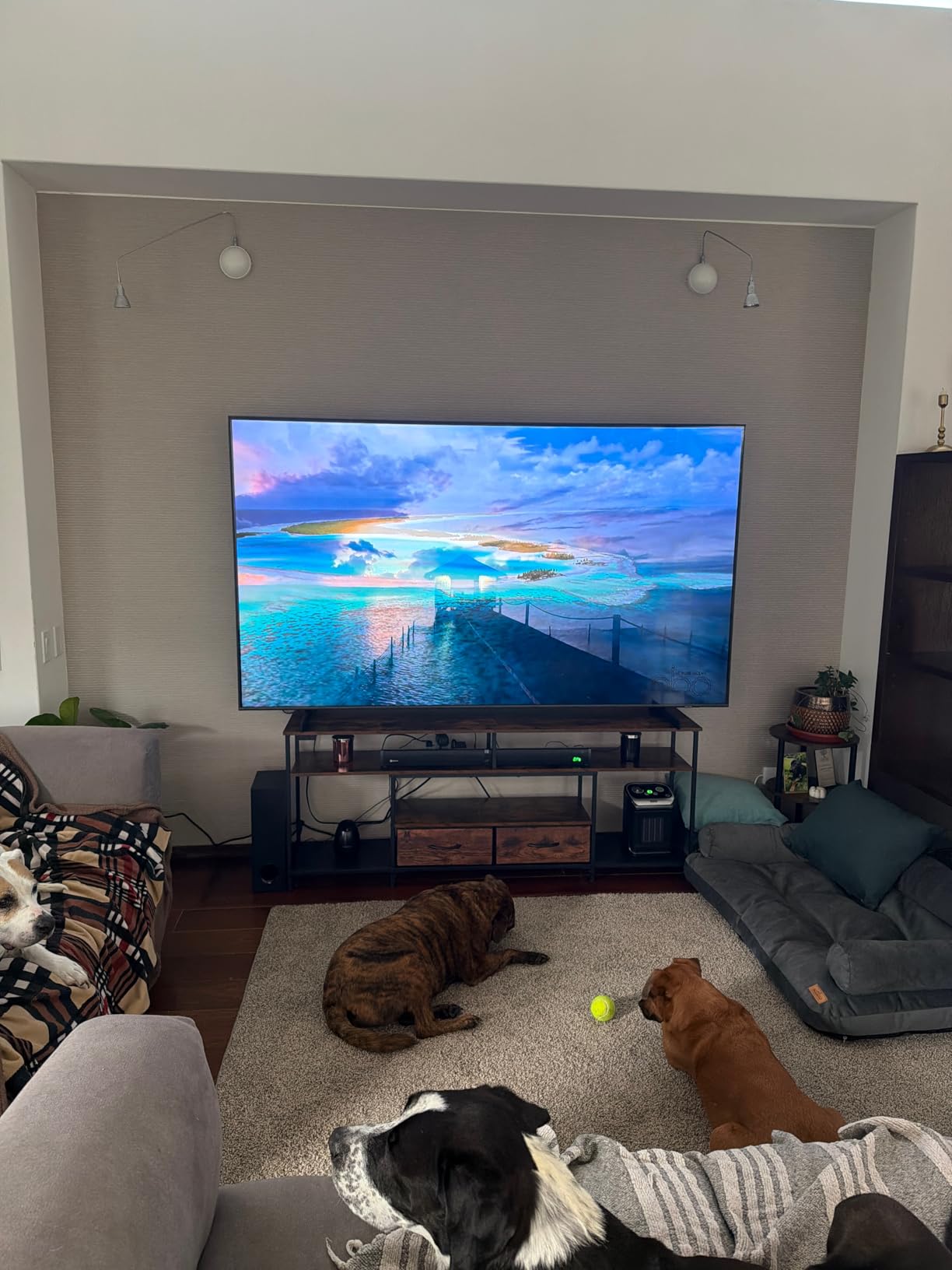 Huuger 63 Inch LED TV Stand for 65 70 Inch TV, Entertainment Center with Open Shelves and Power Outlets, TV Console for Living Room, Media Console with Drawers, Black customer photo 1