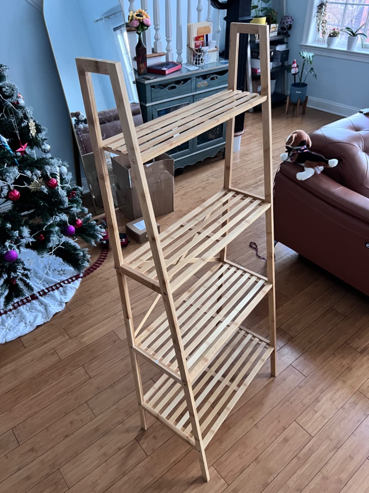 Giantex 4-Tier Bamboo Bookshelf, Indoor Free Standing Plant Stand Display Rack w/Anti-Tipping Device, Corner Bamboo Ladder Shelf for Small Space, Living Room, Kitchen, Bedroom, Office, Walnut customer photo 2
