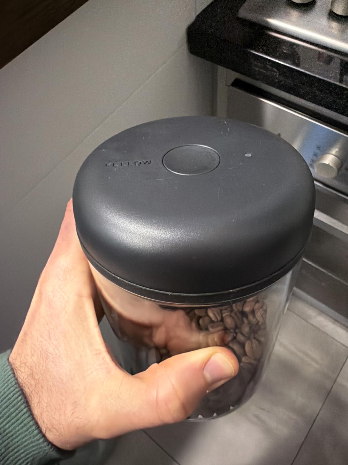 Fellow Atmos Electric Stainless Steel Vacuum Coffee Canister, Black | Auto-Seals to Preserve Freshness, Holds 16 oz Beans, One-Touch Seal, for Coffee Grounds, Tea & Spices, Airtight 1.2L customer photo 1