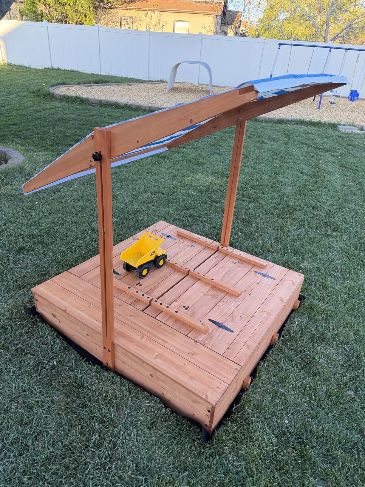 Kids Wooden Outdoor Sandbox with Cover, Sand Boxes with Canopy and Foldable Storage Bench Seats, Sand Table with Protection Bottom Liner, Kids Play Equipment for Outdoor (47X47Inch) customer photo 1