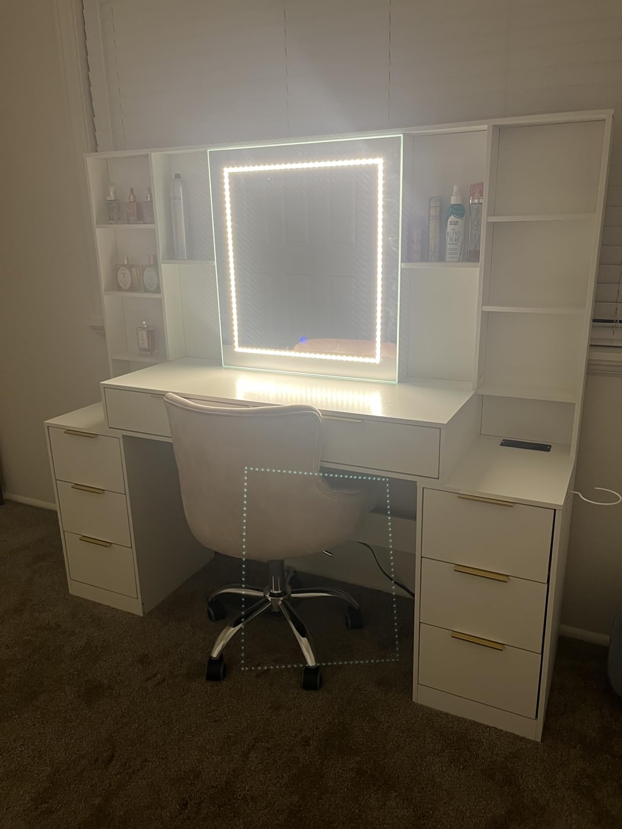 FURNJOYLIFE Large Makeup Vanity Desk with Lighted Mirror & Power Outlet, Dresser Table with 3 Lighting Modes Brightness Adjustable, Drawers, Shelves, Hair Dryer Stand for Bedroom, White (No Stool) customer photo 1