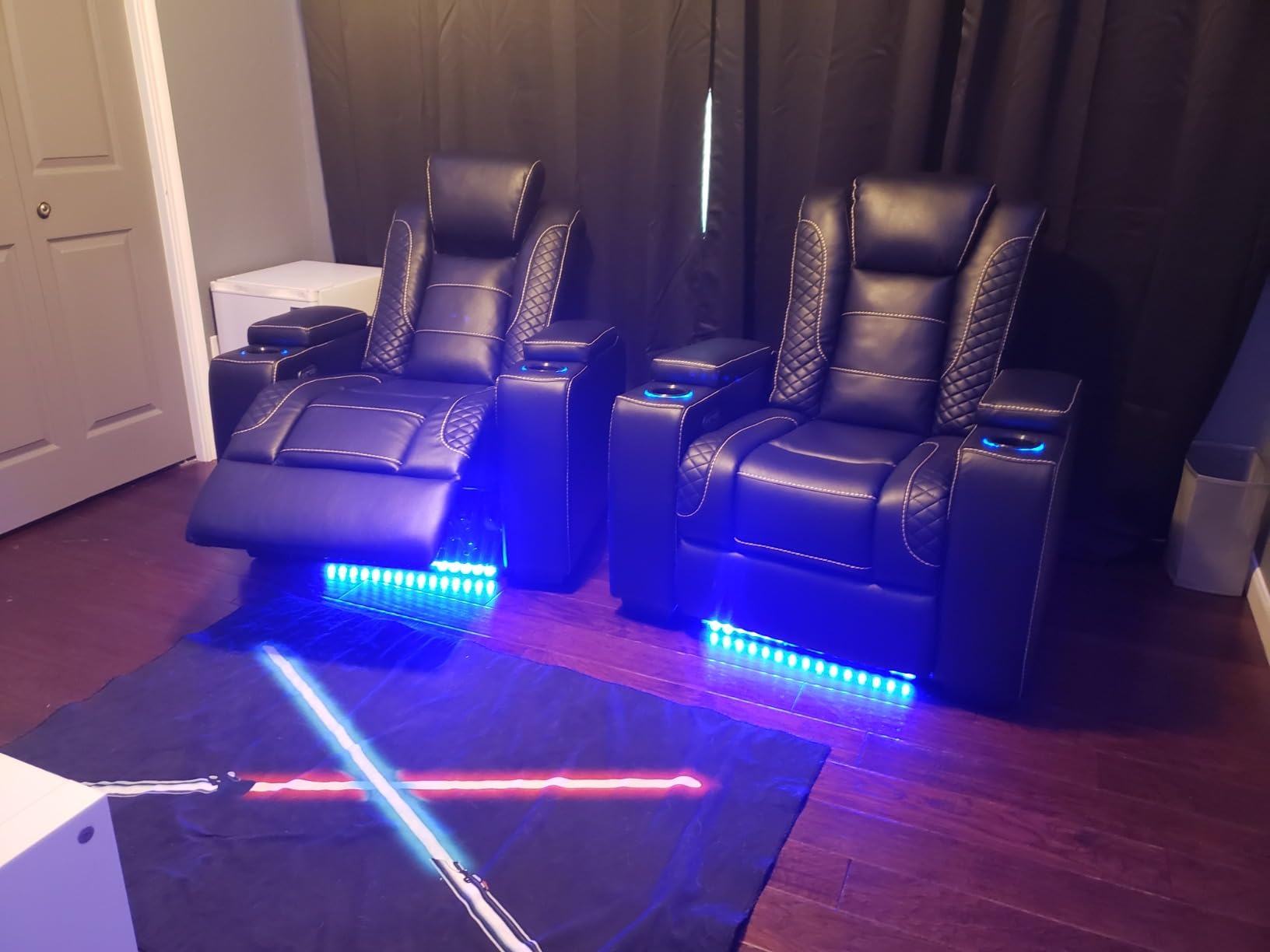ANJ Power Home Theater Seating, PU Leather Electric Recliner Chair with Adjustable Headrest, Dual Motors Movie Reclining Chairs with LED Lights, USB Port, Cup Holders, Hidden Arm Storage (Blue & Black) customer photo 1