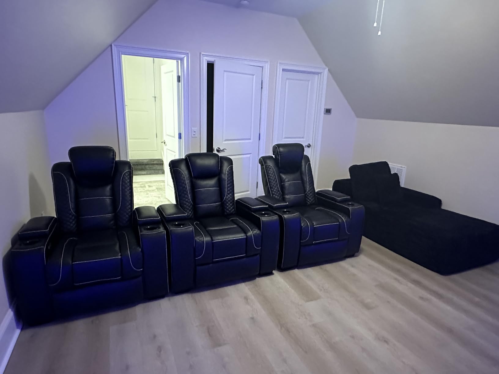 ANJ Power Home Theater Seating, PU Leather Electric Recliner Chair with Adjustable Headrest, Dual Motors Movie Reclining Chairs with LED Lights, USB Port, Cup Holders, Hidden Arm Storage (Blue & Black) customer photo 2