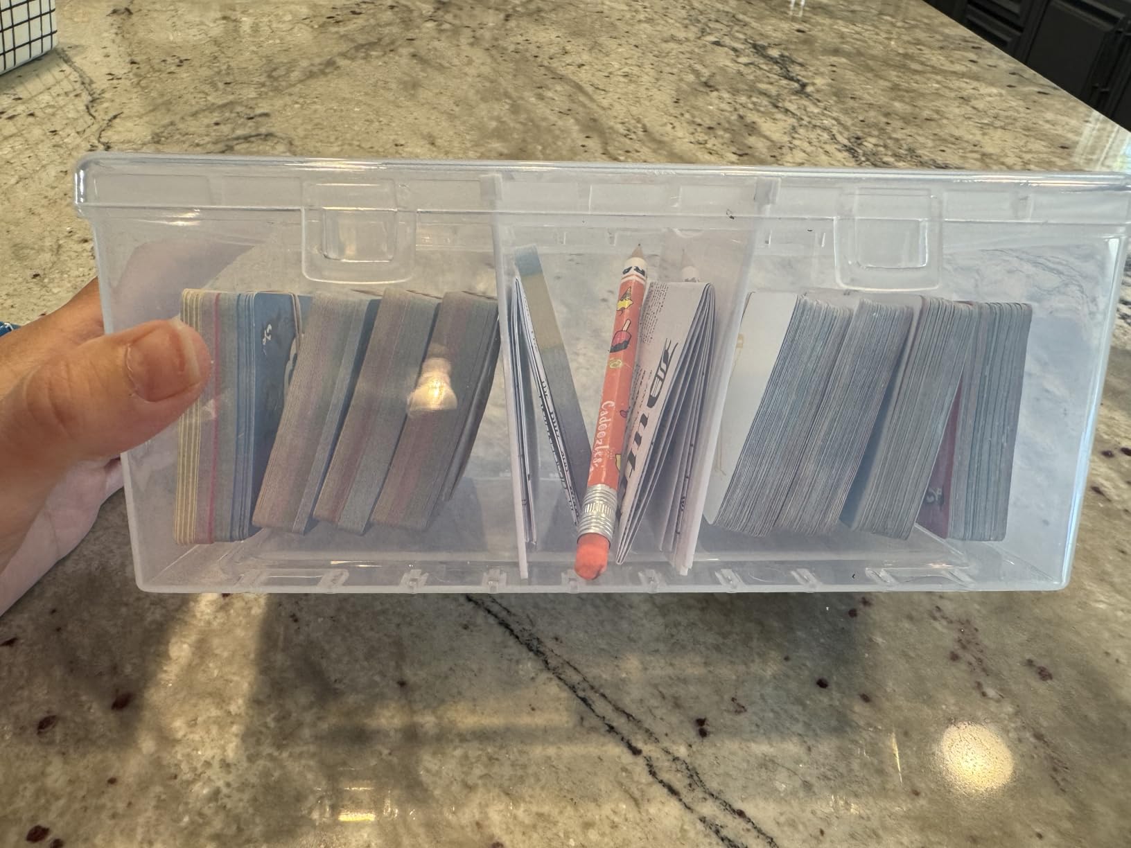 Trading Card Storage Box with 2 Dividers, Toploads Storage Box Plastic Baseball Card Storage Box for 500+ Sports Cards 100+ Top Loads for MTG Magic TCG Yugioh Playing Card Case Holder (1 Pack) customer photo 1