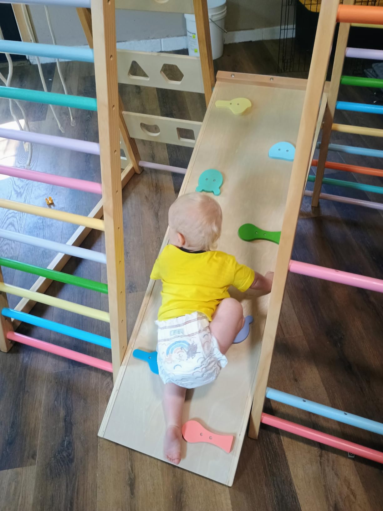 Upgraded Indoor Jungle Gym 9-in-1 Playground Kids Climbing Toys | Waldorf Style Wooden Climber Playset with Slide, Swing, Monkey Bars, Upright/Rope Ladder, Climb Net, Rainbow customer photo 1