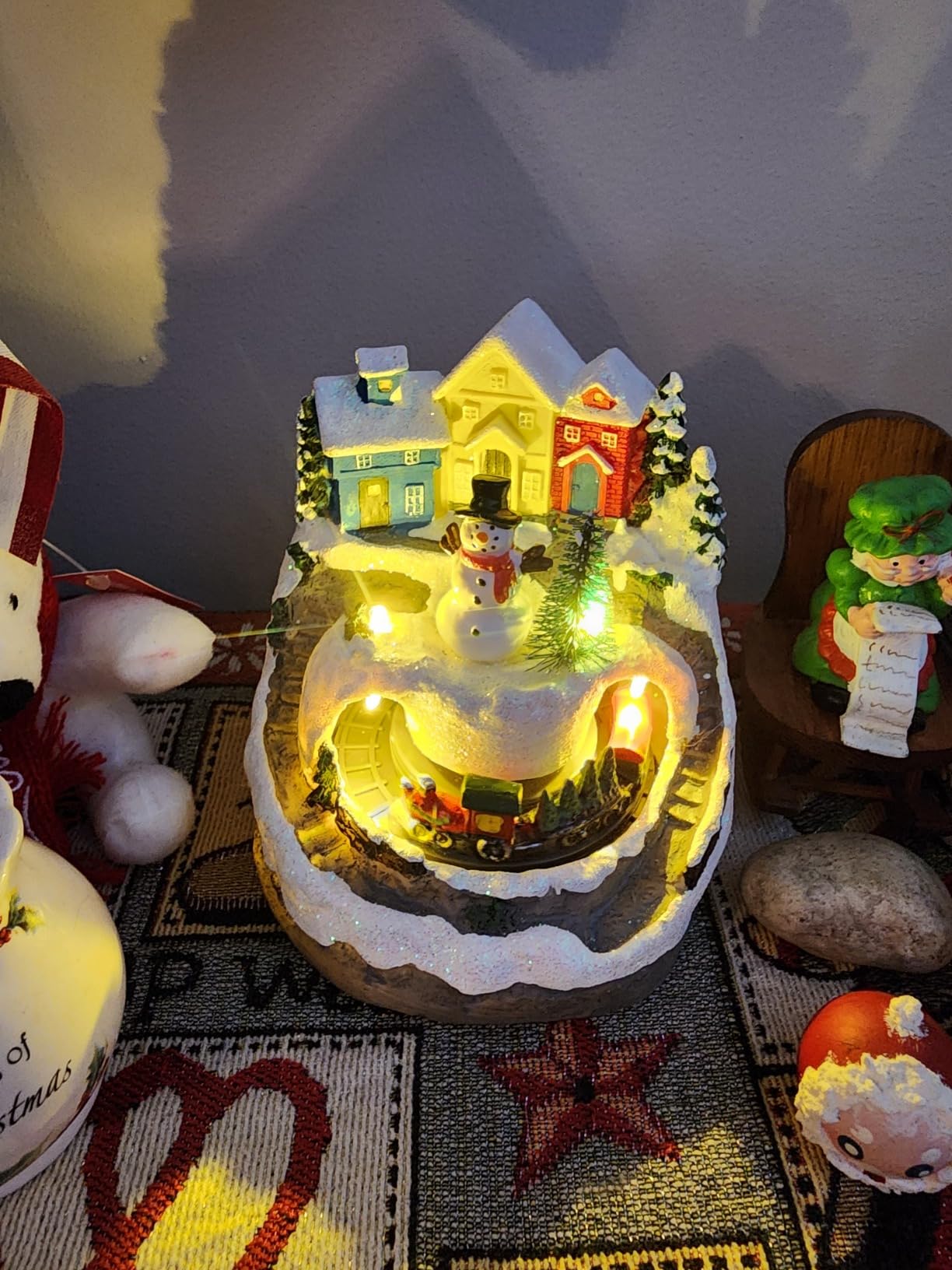 ZQQLITE Animated Collection Figurines Musical Christmas Tree Spinning Train Deer Snowman with Rotating Train, Lighted Christmas Collection Figurines for Home Tabletop Decorations Ornaments Gifts customer photo 1