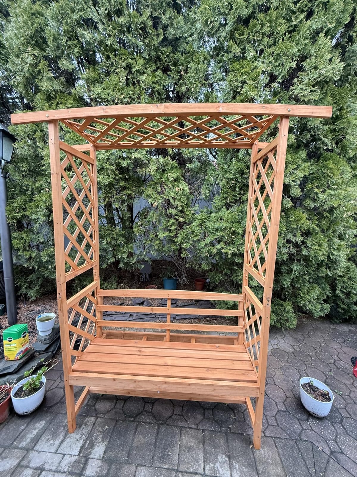 Happygrill Wooden Patio Garden Arbor with Bench & Side Trellises | 2-Seat Garden Arch Trellis w/Pergola for Climbing Plants Vines Grapes, Outdoor Bench Archway for Wedding Party Backyard customer photo 2