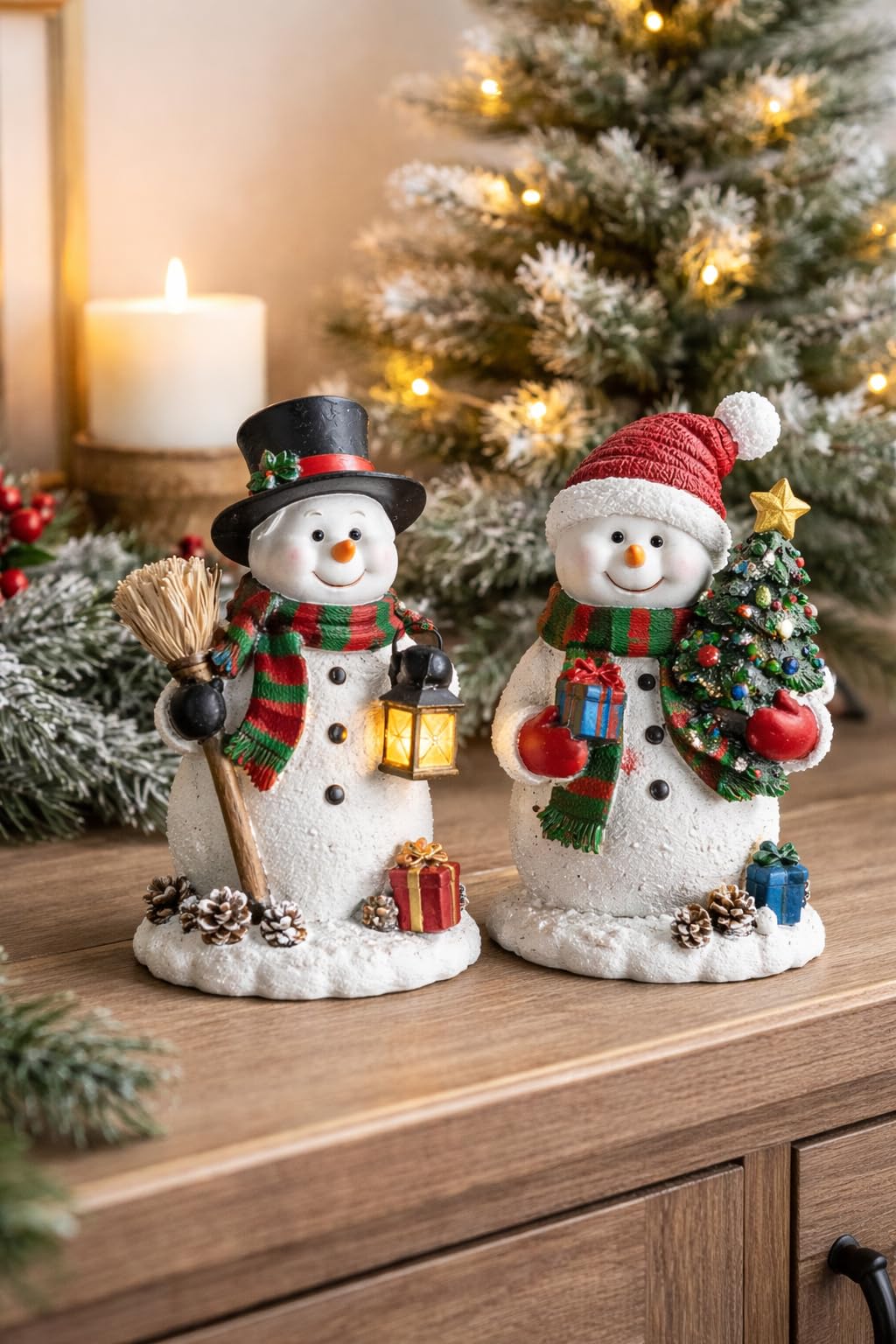 GoGnome Duo 5'' Resin Snowman Figurines with Lighted Christmas Tree Wreath - Christmas Decorations Indoor Snowman Decor Ornaments Centerpiece - Winter Holiday (Snowmen) customer photo 1
