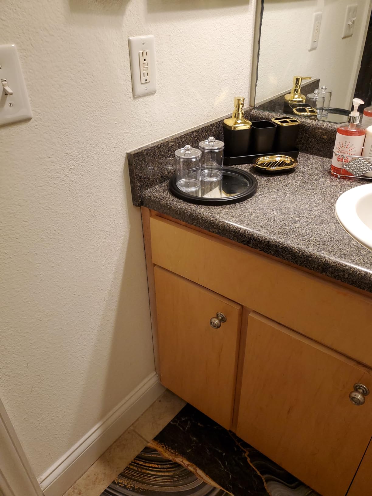 XLHOMO Black Marble Bathroom Accessories Set, Black Bathroom Set with Trash Can, Vanity Tray, Soap Dispenser, Soap Dish, Toothbrush Holder, Toothbrush Cup, Toilet Brush and Qtip Holders for Bathroom customer photo 2