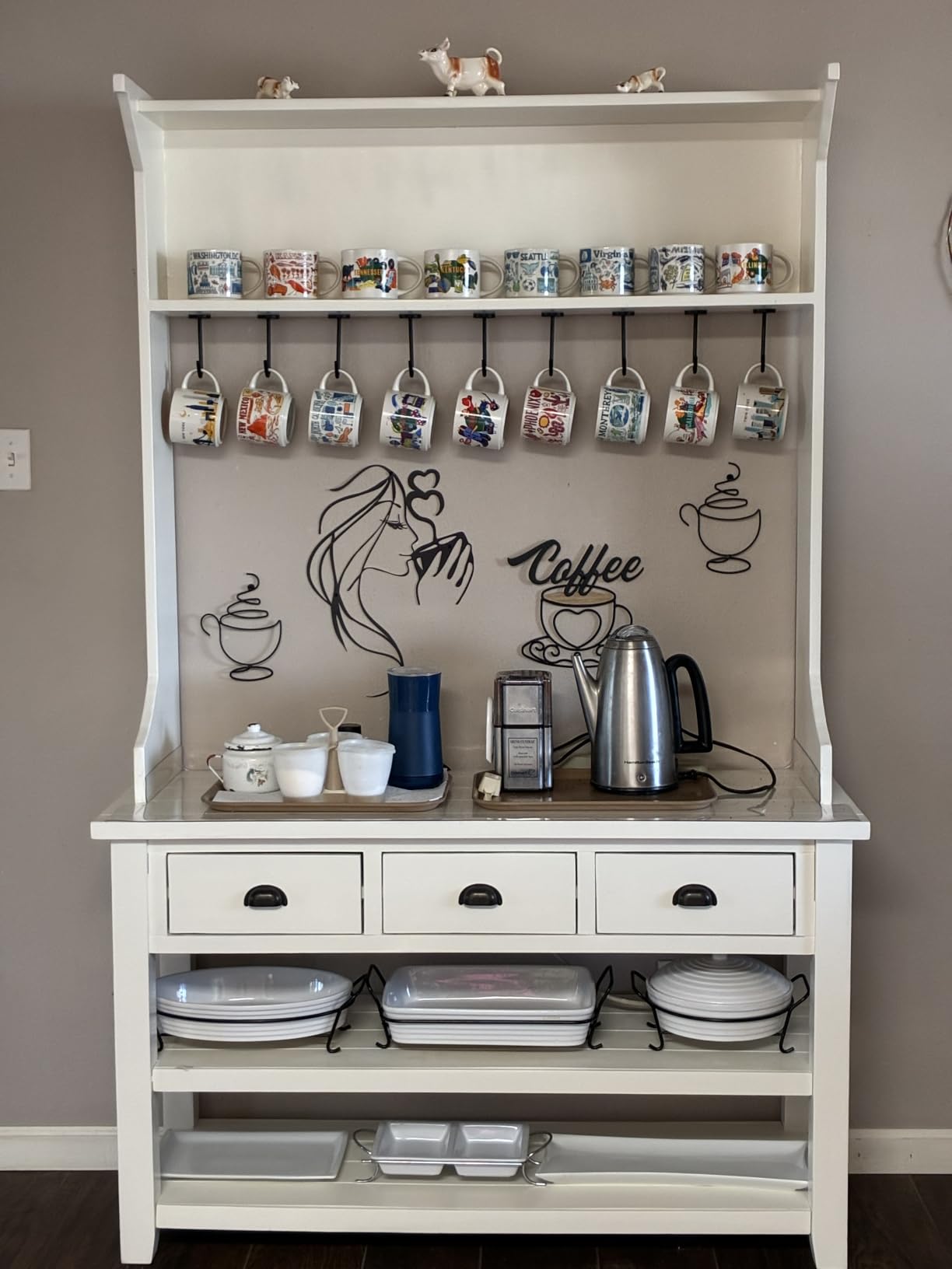 Coffee Metal Wall Art, 3D Woman Drinking Sculpture for Kitchen Decor, Black customer photo 1