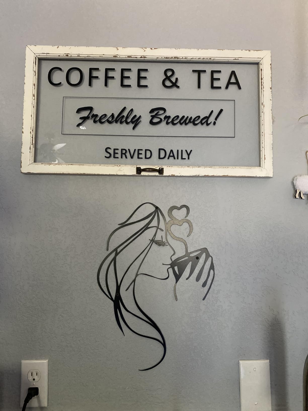 Coffee Metal Wall Art, 3D Woman Drinking Sculpture for Kitchen Decor, Black customer photo 2