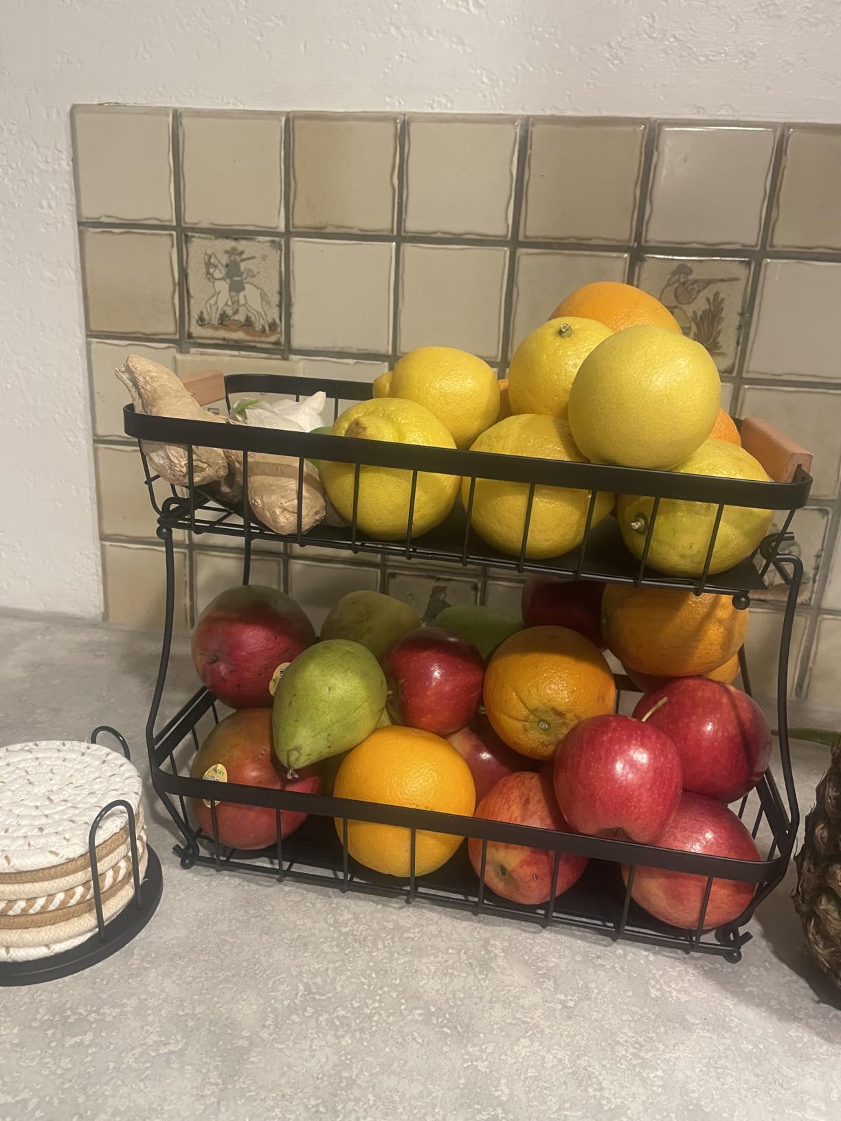 Sevenblue 2-Tier Fruit Basket with Banana Hangers, Detachable Metal Bowl | Wooden handle, protective mats included. Versatile holder for bread, snacks, and veggies. Large 2 tier metal design. customer photo 1