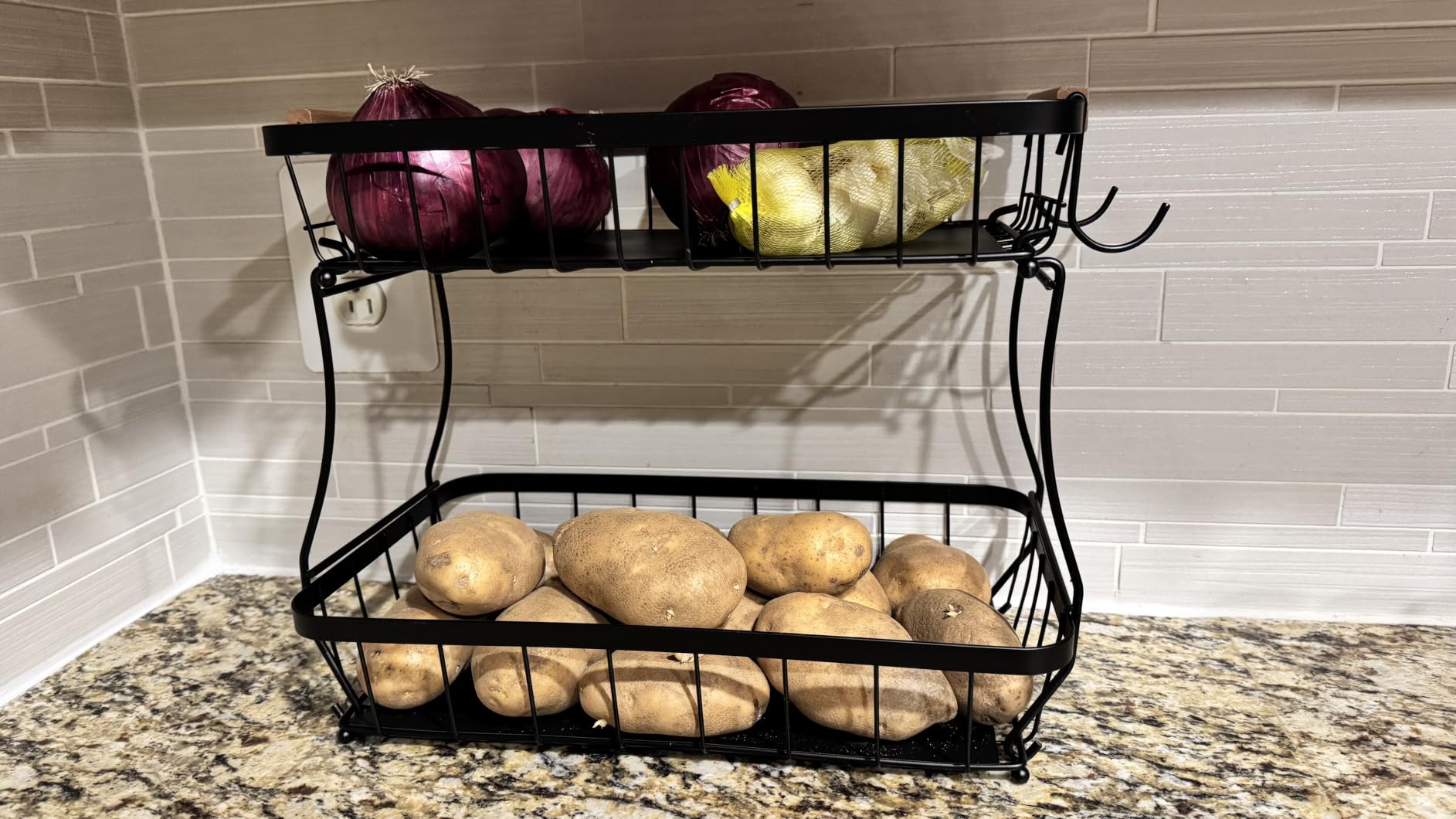 Sevenblue 2-Tier Fruit Basket with Banana Hangers, Detachable Metal Bowl | Wooden handle, protective mats included. Versatile holder for bread, snacks, and veggies. Large 2 tier metal design. customer photo 2
